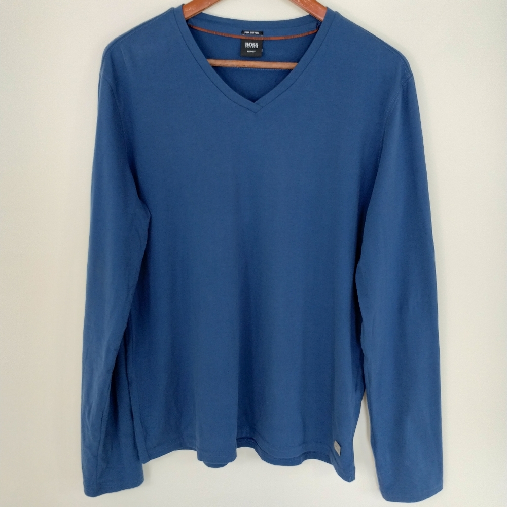 Hugo Boss Slim Fit Pima Cotton V Neck Long Sleeve Shirt Blue Size Large